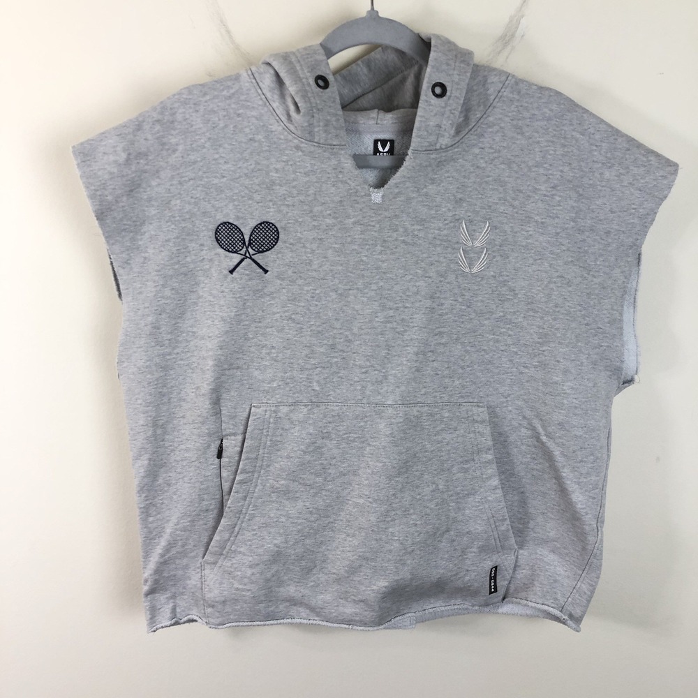 ASRV DSG-0844 Tennis Cutoff Hoodie Sweatshirt Mens S Gray Raw Hem Tech Essential